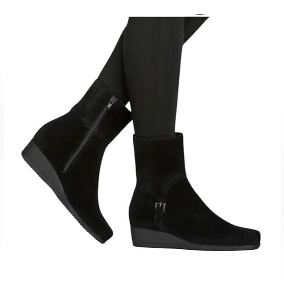 La Canadienne Sanford Suede Leather Buckle Zip Winter Ankle Boot Bootie Black 7 - Picture 1 of 8